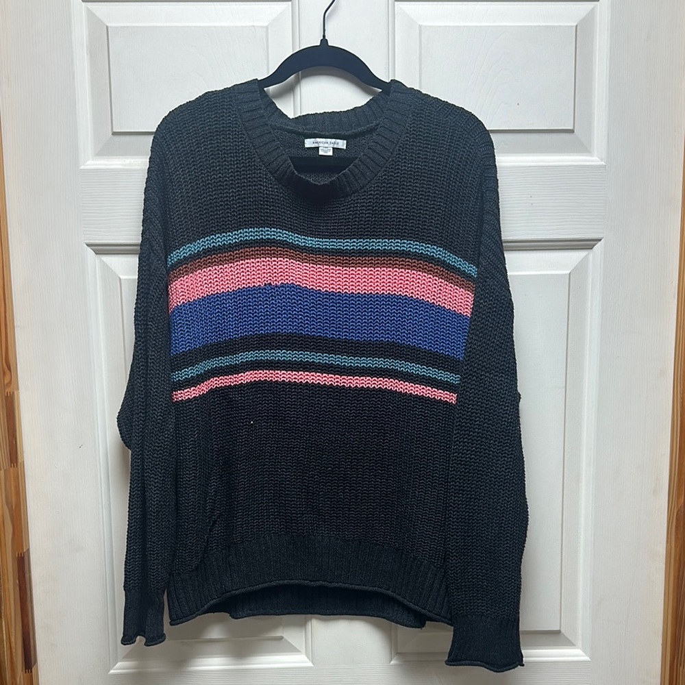 American Eagle Outfitters Black and Pink Crew Neck Sweater